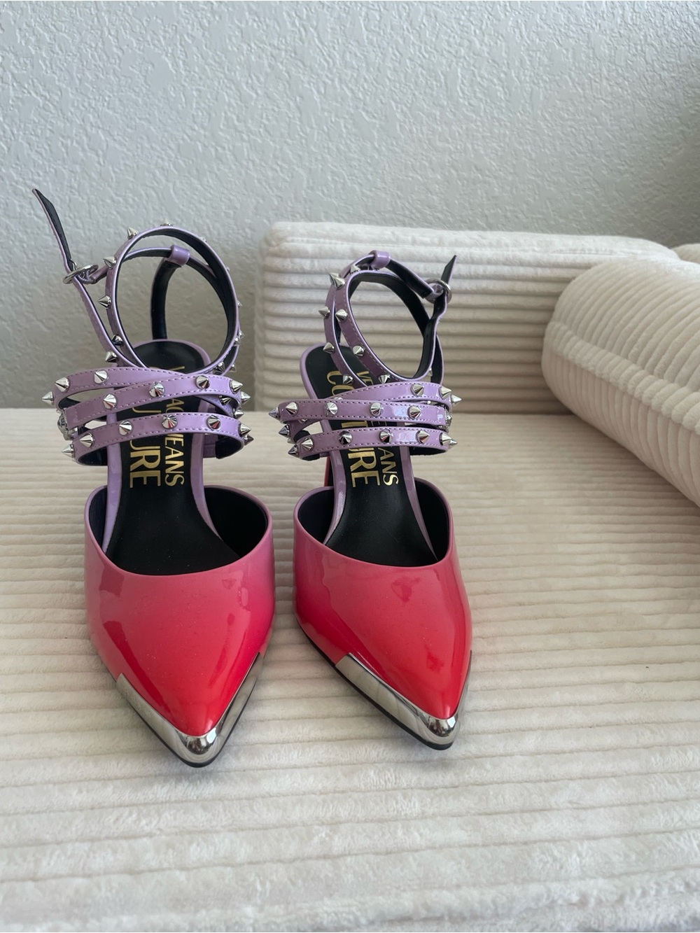 Two-Tone Pointed Patent Pumps with Studded Lilac Straps